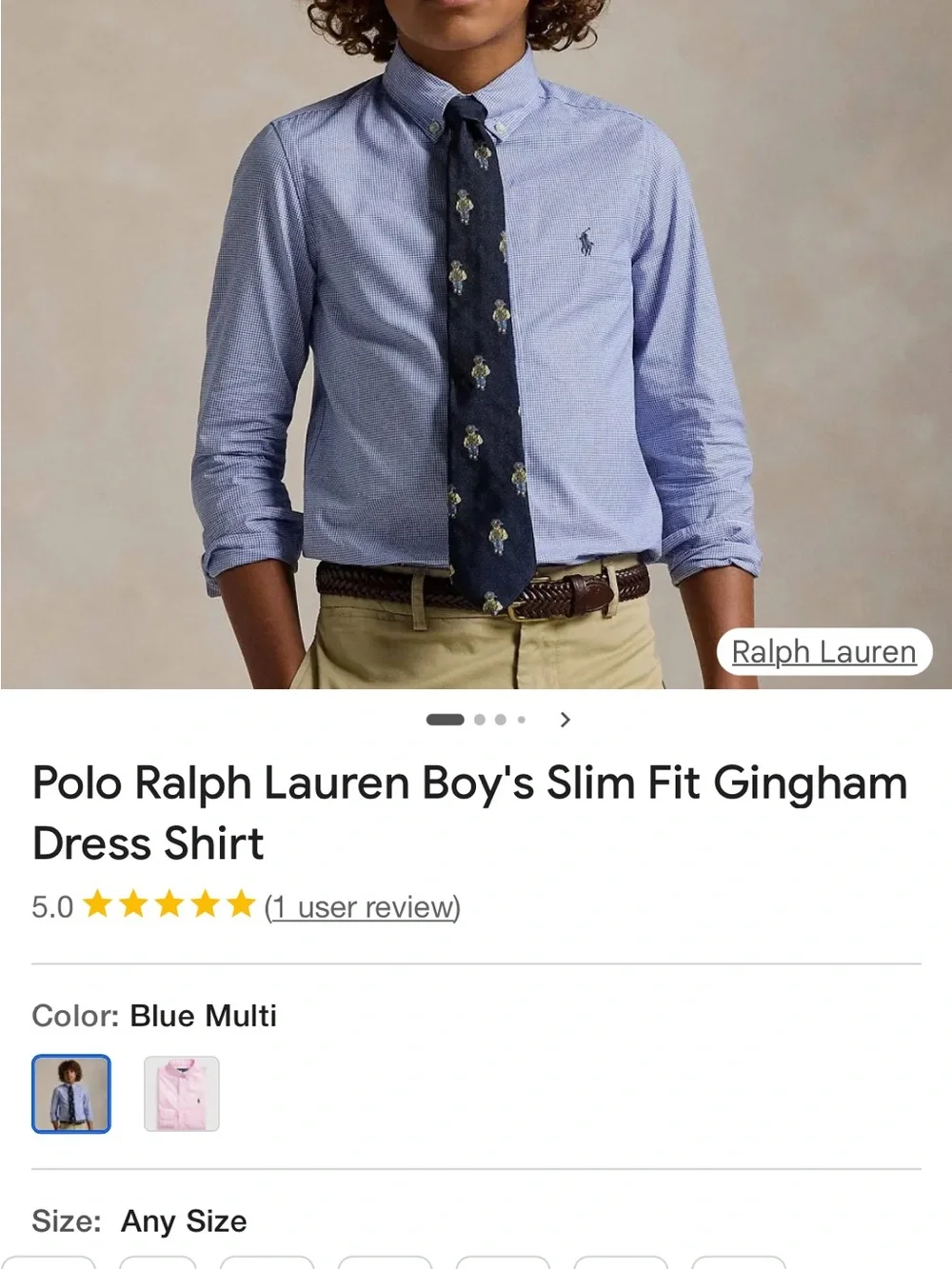 Ralph Lauren Polo Boys' Blue Gingham Slim Fit Dress Shirt - size 16- NWT